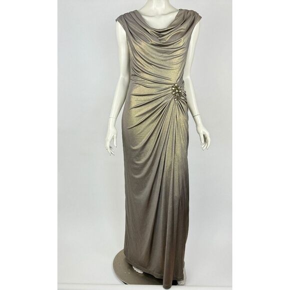 Tadashi Shoji Metallic Jersey Draped Gown Women XS EUC $585‎ Sleeveless Ruched